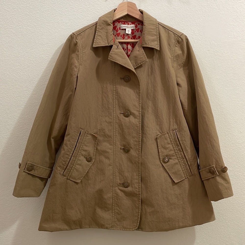 Coldwater Creek Short Trench Coat With Orange Elephant Patterned Lining - Tan